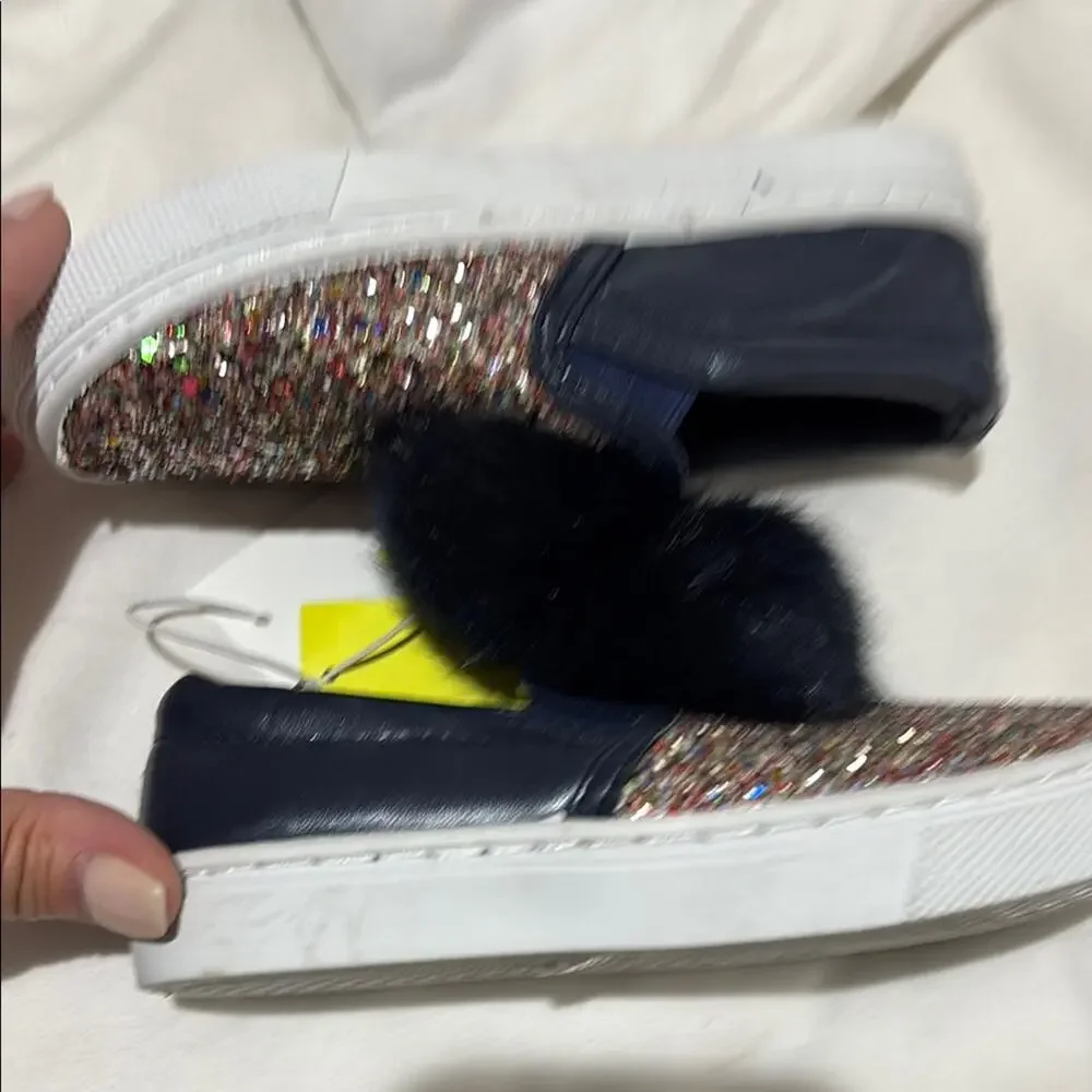 Capellini 11 Kids navy Glitter Slip-On Shoes with Faux Fur Pom nwt